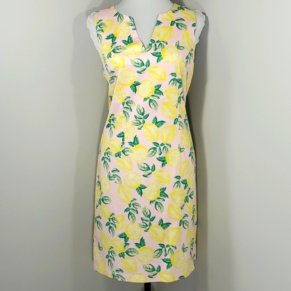 Sleeveless Lemon Print Shift Dress - Pink & Yellow